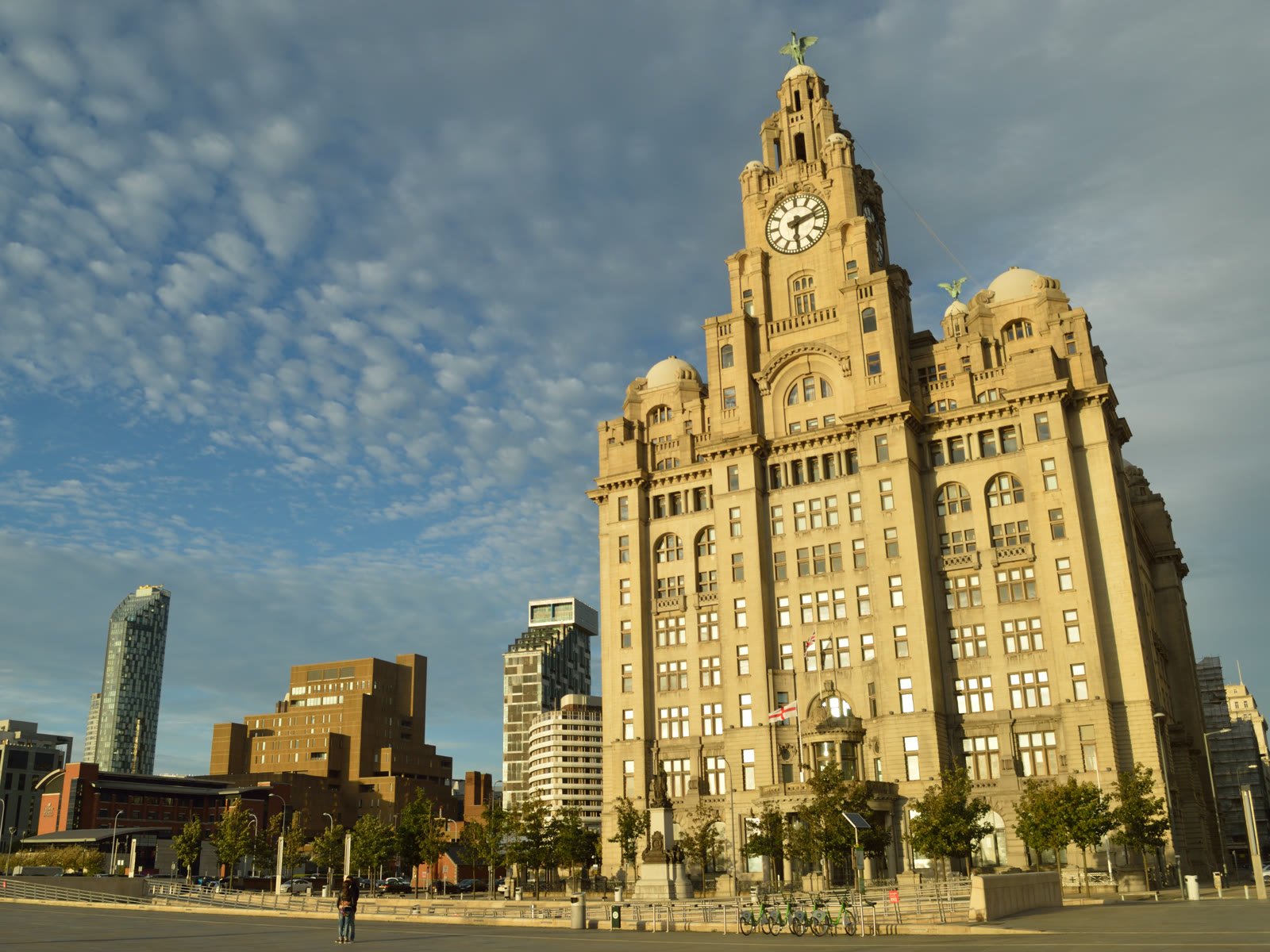 The Royal Liver Building on Liverpool's Pier Head waterfront in golden evening light